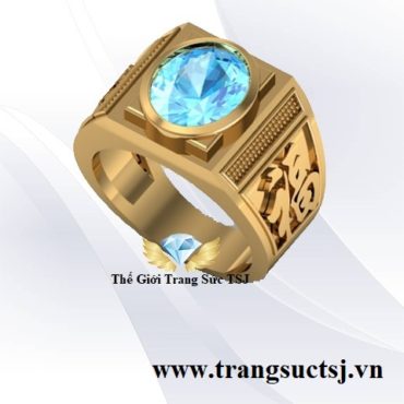Nhẫn Chữ Phúc Lộc May Mắn Mặt Đá Topaz Xanh