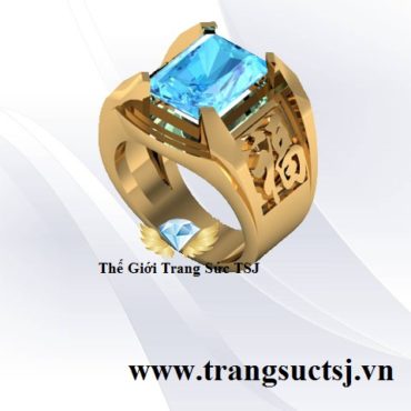 Nhẫn Chữ Phúc Vàng 18k Cho Nam Đá Topaz Xanh