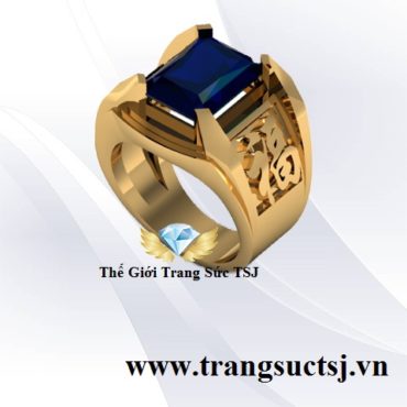 Nhẫn Nam Sapphire Xanh Bích Khắc Chữ Phúc