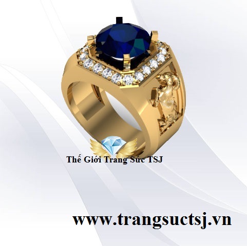 Nhẫn Nam Hình Con Dê Đá Sapphire Xanh Bích Hợp Mệnh Thủy