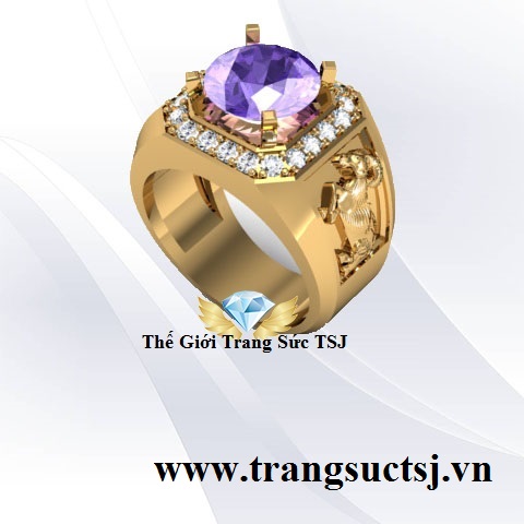 Nhẫn Nam Khắc Hình Dê Đẹp Đá Thạch Anh Tím