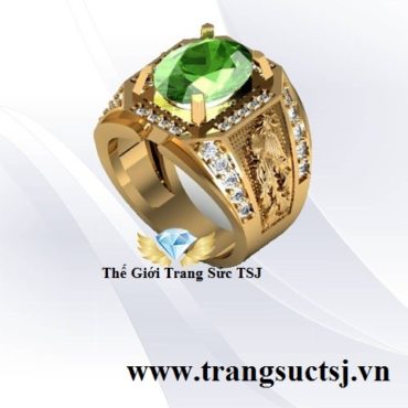 Nhẫn Nam Phong Thủy Rồng Phượng Đá Sapphire Xanh Lá