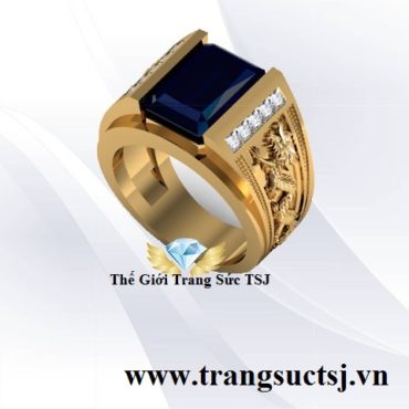 Nhẫn nam sang trọng đá Sapphire xanh bích khắc hình rồng