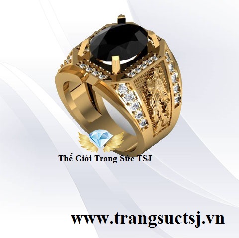 Nhẫn Nam Đá Sapphire Đen Khắc Hình Long Phụng