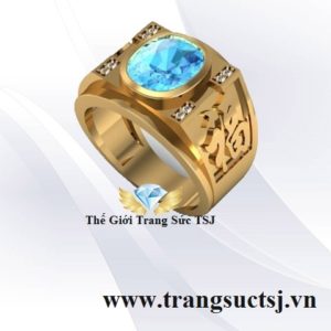 Nhẫn Nam Chữ Phúc Đá Topaz Xanh Đẹp