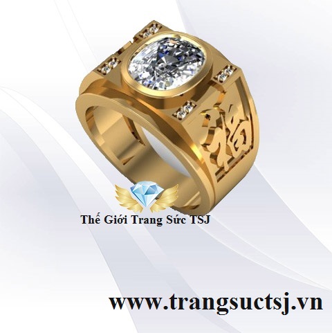 Nhẫn Nam Đá Topaz Trắng Khắc Chữ Phúc