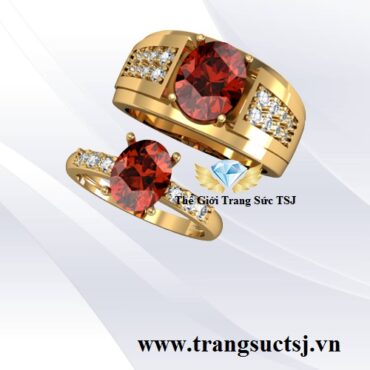 Nhẫn Đôi Đẹp Cho Nam Nữ Đính Đá Garnet
