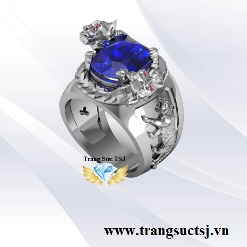 Nhẫn Nam Song Hổ Mặt Đá Xanh Dương